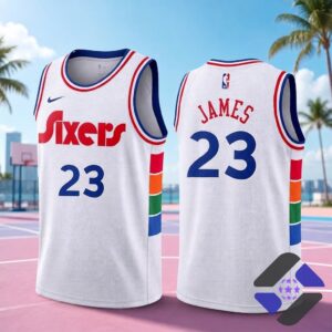 Philadelphia 76ers LeBron James City Edition Basketball Jersey - close-up on jersey neckline and logo