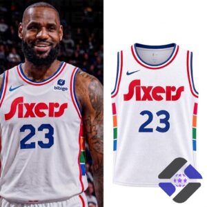 Philadelphia 76ers LeBron James City Edition Basketball Jersey - split view with player and product