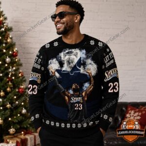 Philadelphia 76ers LeBron James Ugly Christmas Sweatshirt - close-up of left sleeve and chest