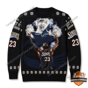 Philadelphia 76ers LeBron James Ugly Christmas Sweatshirt - close-up of left sleeve and hem
