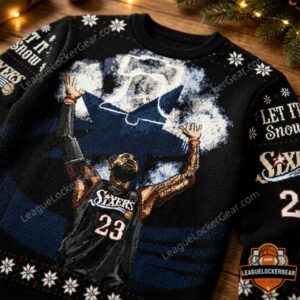 Philadelphia 76ers LeBron James Ugly Christmas Sweatshirt - close-up of right sleeve and hem