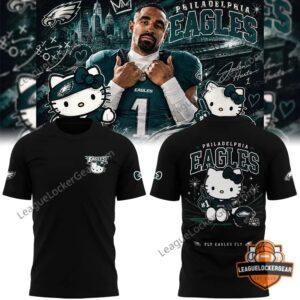Philadelphia Eagles Hello Kitty Jalen Hurts Number 1 T-Shirt - front and back display