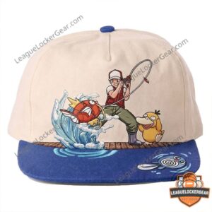 Pokemon Ash Ketchum Fishing Magikarp Psyduck Hat - close-up of Ash and Magikarp