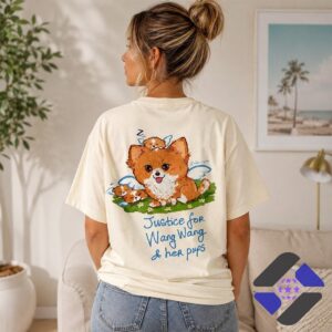 Pomeranian Dog Wang Wang Justice Memorial with Pups T-Shirt - close up of left shoulder and sleeping pup