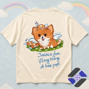 Pomeranian Dog Wang Wang Justice Memorial with Pups T-Shirt - close up of right shoulder and main dog