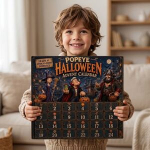 Popeye Halloween 2026 Advent Calendar - close-up of the box showing Olive Oyl and Popeye
