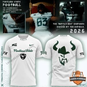 Portland State Vikings Battle Axe Defense Uniforms 2026 T-Shirt - close-up of player jersey and front design