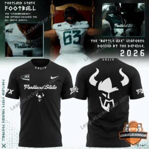 Portland State Vikings Battle Axe Defense Uniforms 2026 T-Shirt - player jersey and back design detail