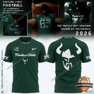 Portland State Vikings Battle Axe Defense Uniforms 2026 T-Shirt - concept art with player and t-shirt mockups