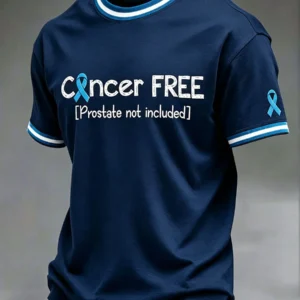 Prostate Cancer Awareness Cancer Free Blue Ribbon T-Shirt - front view on a grey background