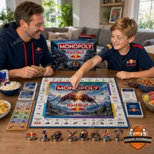 Red Bull Monopoly game box, mini fridge, and game cards close-up
