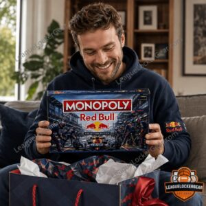 Red Bull Monopoly game box, energy drink can, and board properties