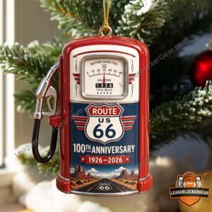 Route 66 100th Anniversary 1926-2026 Commemorative Ornament - hanging on a snowy Christmas tree