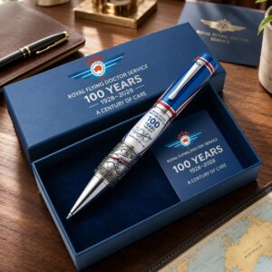 Royal Flying Doctor Service 100 Years 1928-2028 A Century of Care Pen - close-up of box lid and pen cap