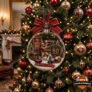 San Francisco 49ers 80th Anniversary 1946-2026 Global Ornament - close-up of player and 49ers banner