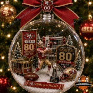 San Francisco 49ers 80th Anniversary 1946-2026 Global Ornament - full view hanging on Christmas tree