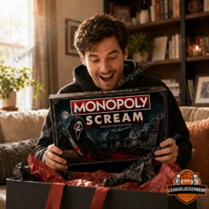 Scream Movie 2026 Monopoly Board Game - close-up of the game board, tin, and game cards