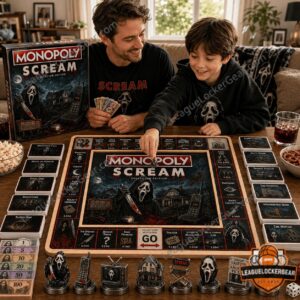 Scream Movie 2026 Monopoly Board Game - close-up of the game board, house miniature, and property cards