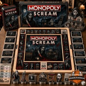 Scream Movie 2026 Monopoly Board Game - complete set displayed on a wooden surface