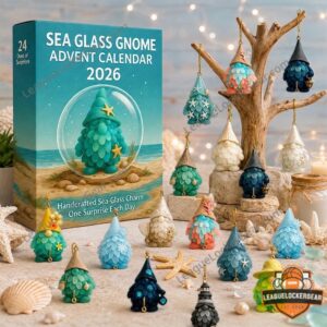 Sea Glass Gnome Advent Calendar 2026 with Handcrafted Charms - close-up view of the calendar box with beach