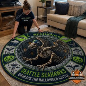 Seattle Seahawks Halloween Battle Round Rug - close-up of the skeleton bird and left border details