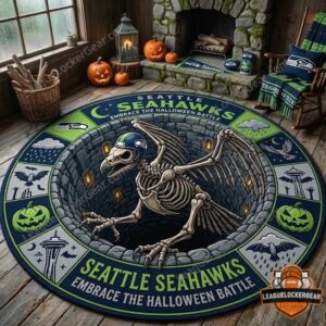Seattle Seahawks Halloween Battle Round Rug - full view in a cozy room setting