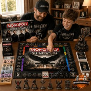 Shinedown Monopoly 2026 Board Game - close-up of box, board, and microphone statue