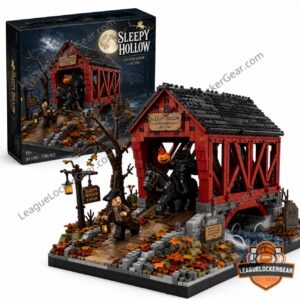 Sleepy Hollow Covered Bridge Halloween 2026 Collector Building Set - angled view of red covered bridge under