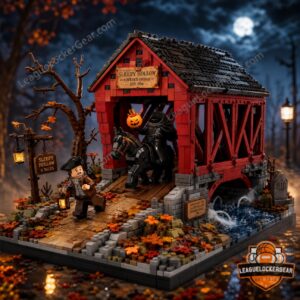 Sleepy Hollow Covered Bridge Halloween 2026 Collector Building Set - full scene with Headless Horseman