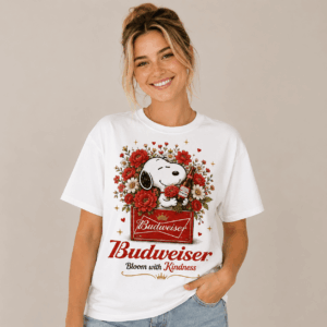 Snoopy Budweiser Red Floral Bloom With Kindness T-Shirt - close-up of left shirt design