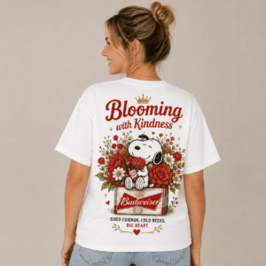 Snoopy Budweiser Red Floral Bloom With Kindness T-Shirt - close-up of right shirt design