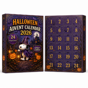 Close-up of the Snoopy Halloween Advent Calendar 2026 box and top row of figures