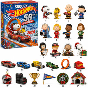 Snoopy Hot Wheels 58th Anniversary 2026 Advent Calendar - full display of the calendar box and all 24