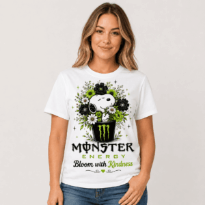 Snoopy Monster Energy Bloom with Kindness Green Floral T-Shirt - close-up of front design with can