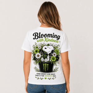 Snoopy Monster Energy Bloom with Kindness Green Floral T-Shirt - close-up of back design with folded fabric