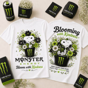 Snoopy Monster Energy Bloom with Kindness Green Floral T-Shirt - front and back designs with branded items