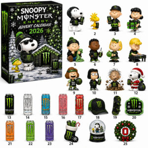 Snoopy Monster Energy Peanuts Characters Christmas Advent Calendar 2026 collectibles box with assorted
