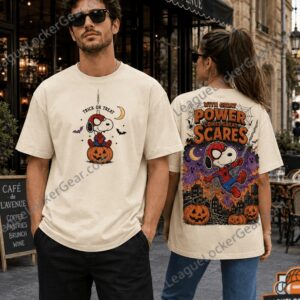 Snoopy Spider-Man Halloween Great Power Great Scares T-Shirt - close-up front design