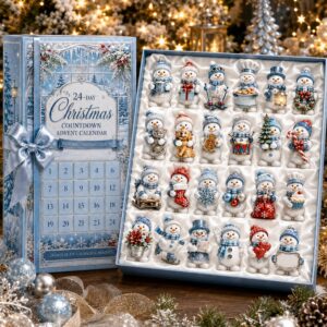Close-up view of the decorative advent calendar box with a blue ribbon