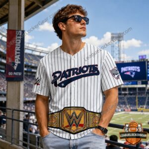 Somerset Patriots WWE Undisputed Champion Belt Baseball Jersey - close-up of left sleeve and chest