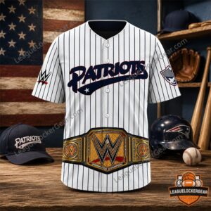 Somerset Patriots WWE Undisputed Champion Belt Baseball Jersey - close-up of chest and WWE belt graphic