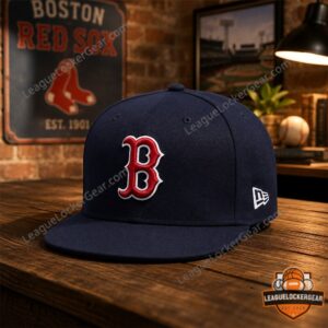 Boston Red Sox Team Logo Baseball Cap - player wearing the cap, high-fiving in dugout