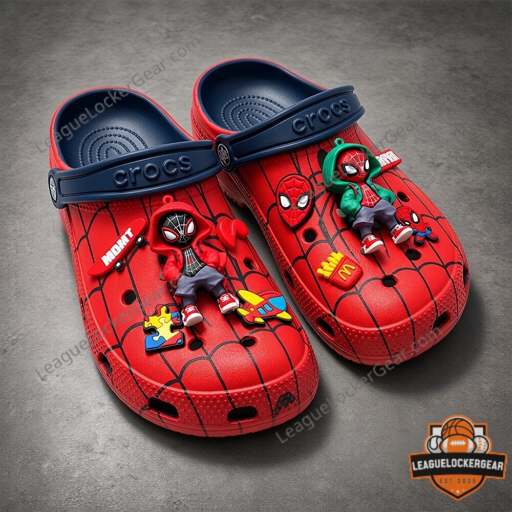Spider-Man Miles Morales Marvel Jibbitz Charms Crocs Clogs - close-up of left clog
