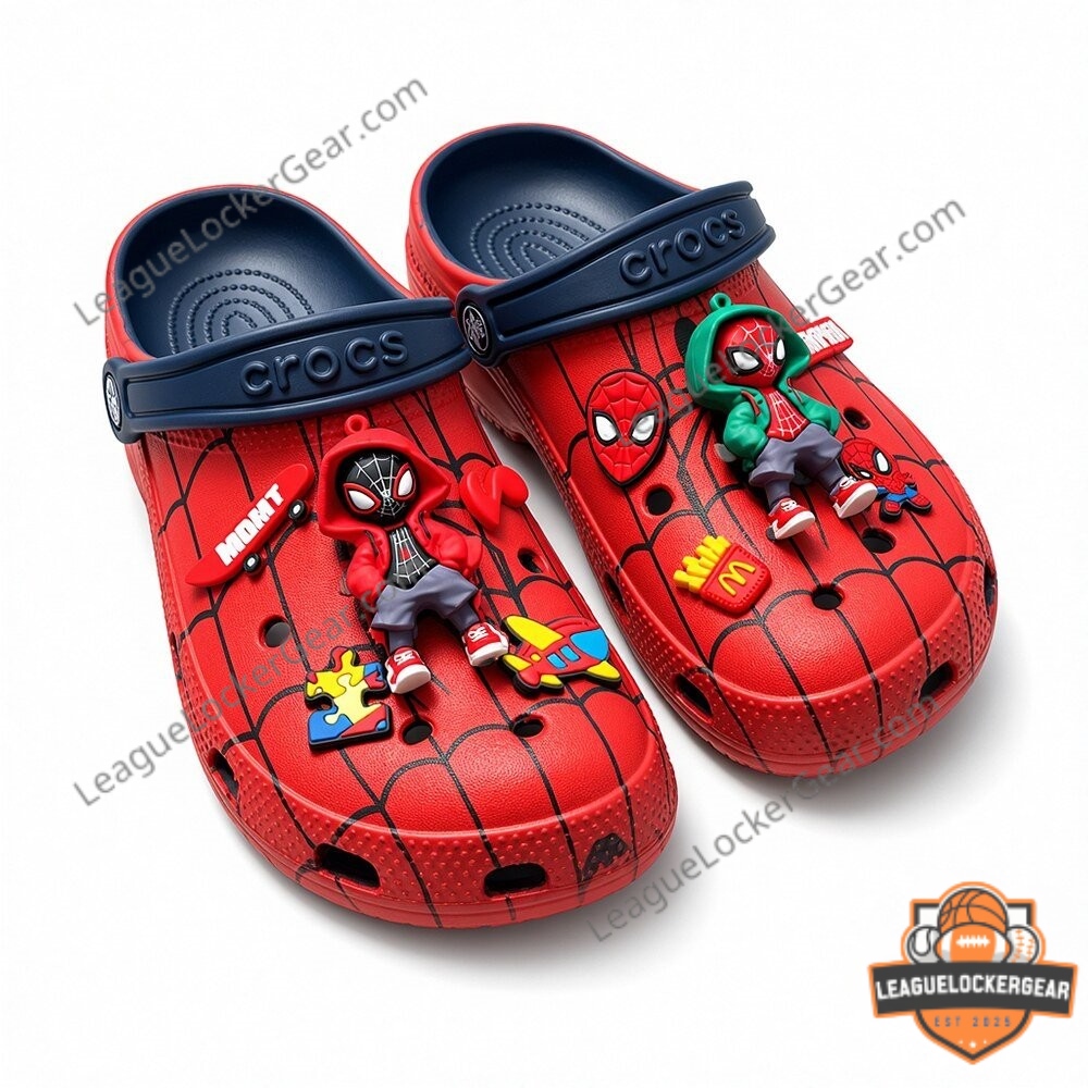 Spider-Man Miles Morales Marvel Jibbitz Charms Crocs Clogs - close-up of right clog