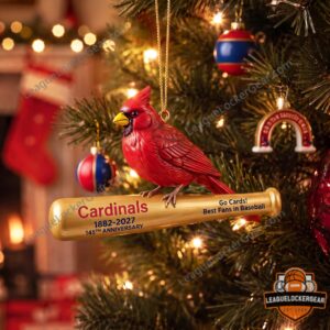 St. Louis Cardinals 145th Anniversary 1882-2027 Christmas Ornament - close-up of the cardinal bird