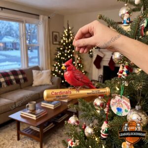 St. Louis Cardinals 145th Anniversary 1882-2027 Christmas Ornament - detail showing text on the bat