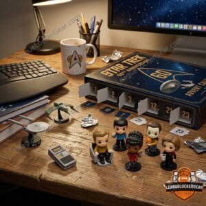 Star Trek 60th Anniversary 2026 Advent Calendar - close-up of box and middle row of figures