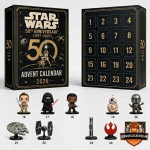 Star Wars 50th Anniversary Advent Calendar 2026 - close up of the black and gold box design