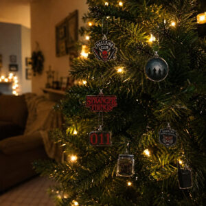 Stranger Things Advent Calendar 2026 24 Acrylic Ornaments - box with various ornaments and Christmas lights
