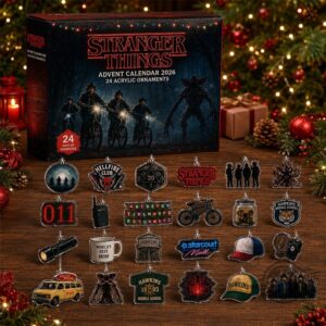 Stranger Things Advent Calendar 2026 24 Acrylic Ornaments - complete set with festive background